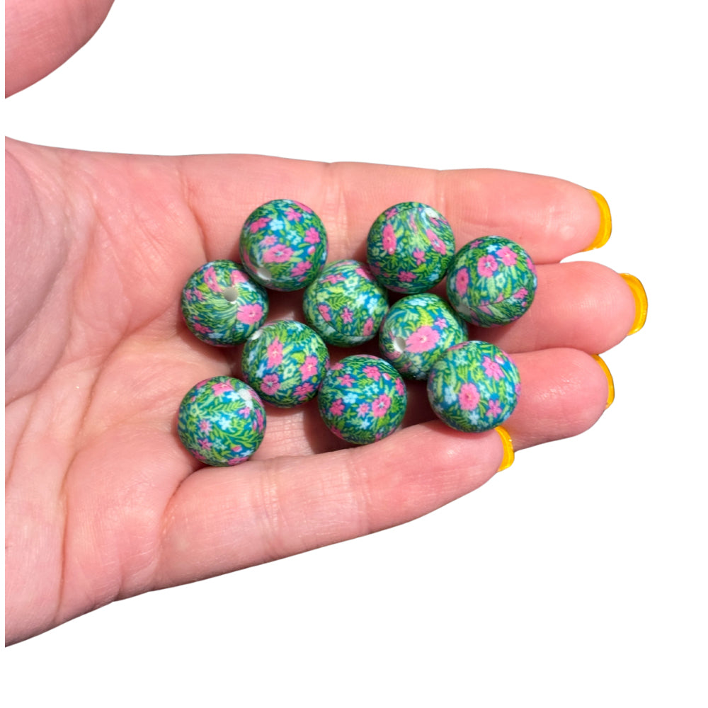 10pcs Pink Flowers & Green Focal Beads