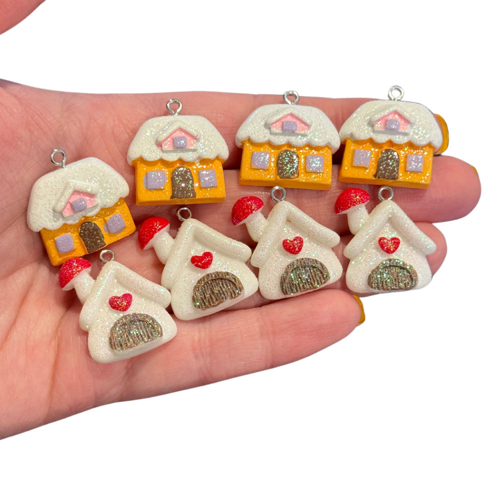 8pcs Snowy Gingerbread Houses Christmas Winter Charms