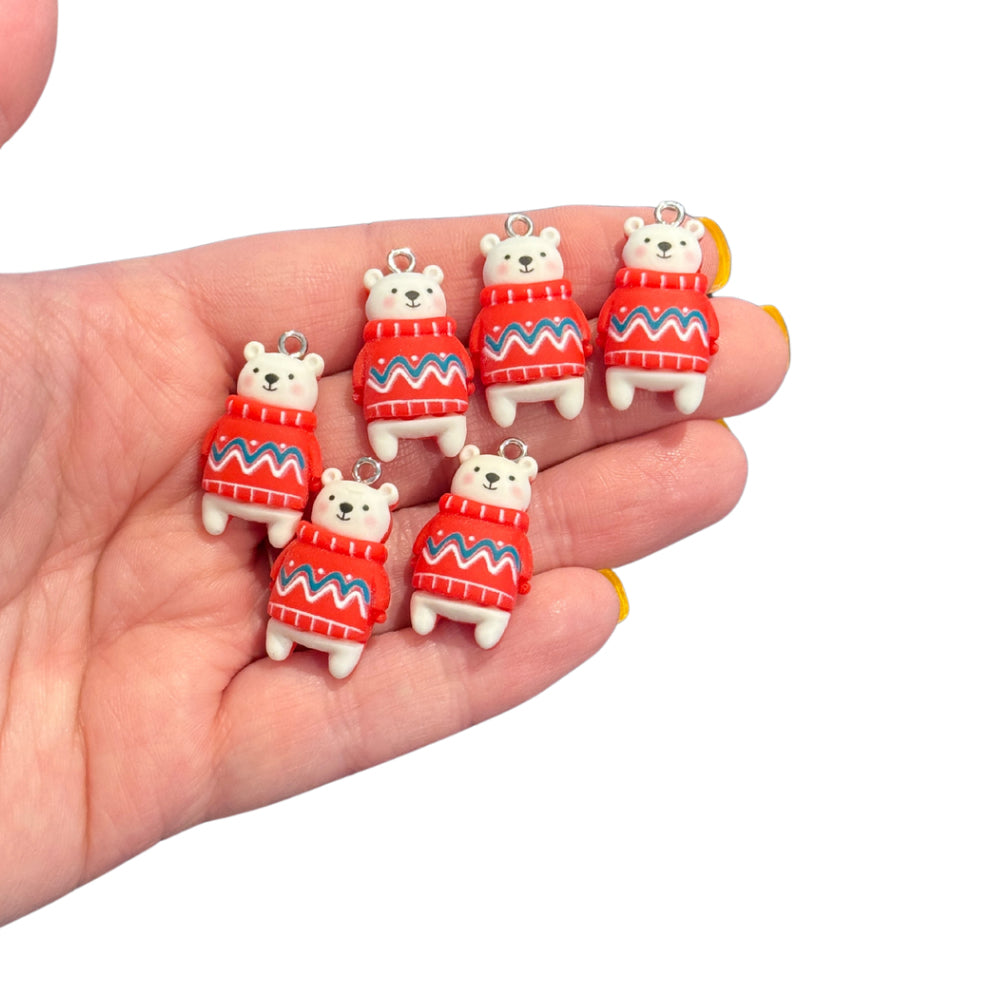 6pcs Polar Bear in Red Christmas Holiday Sweater Charms