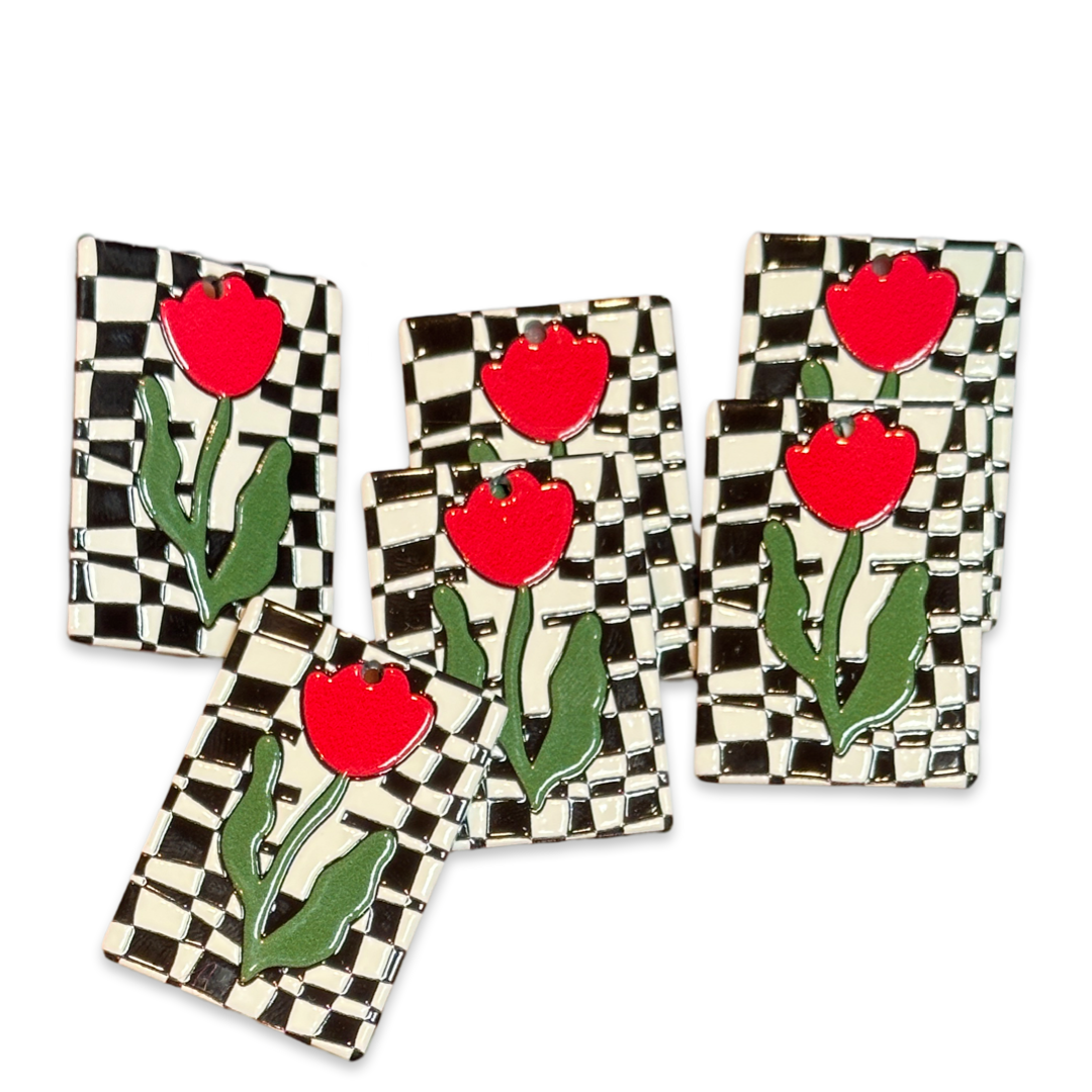 6pcs black white checkered red tulips charms