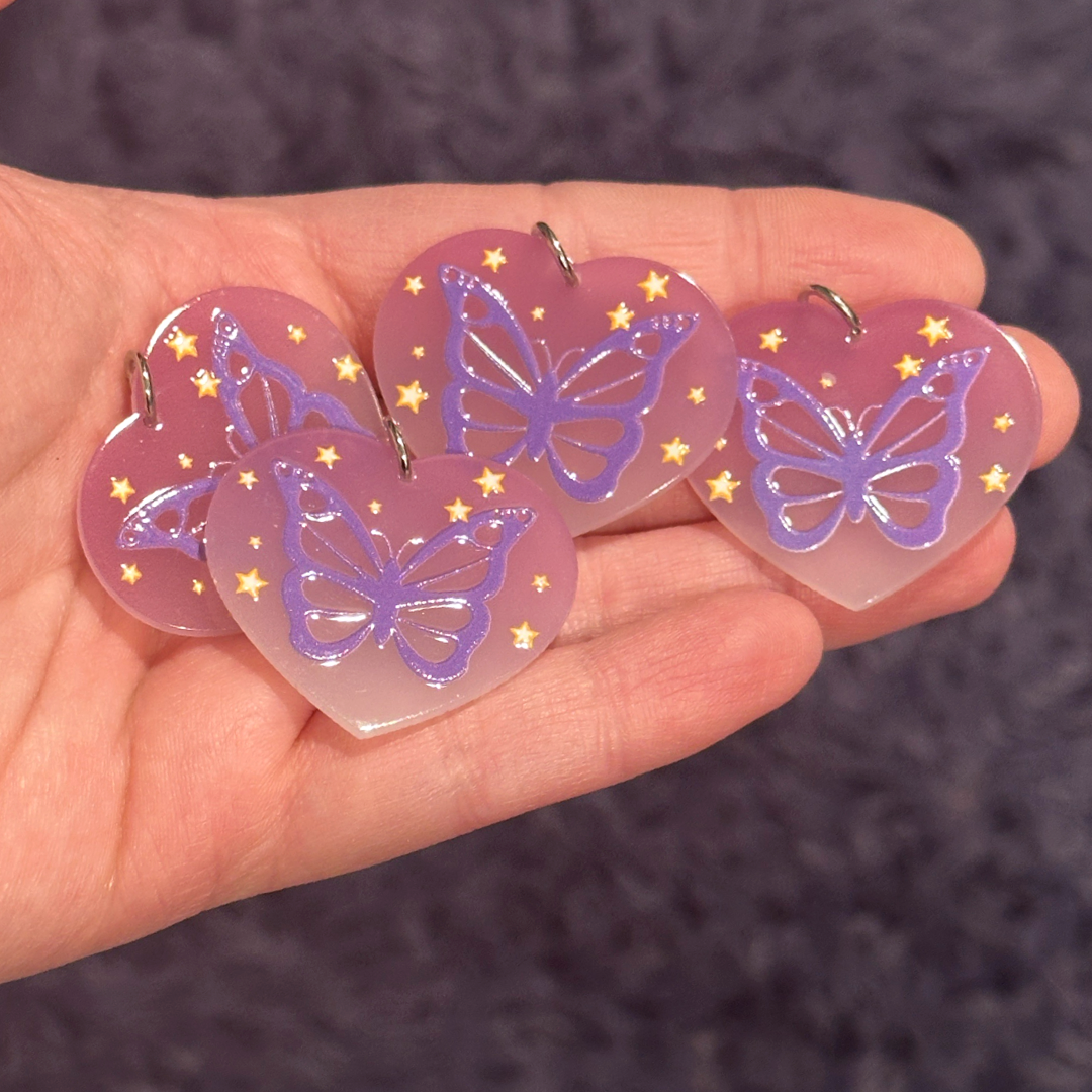 4pcs Butterfly on purple heart Charms