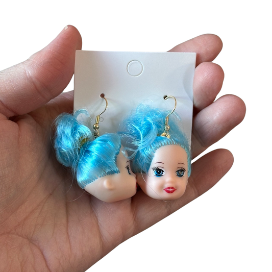Doll head with Blue Hair Earrings