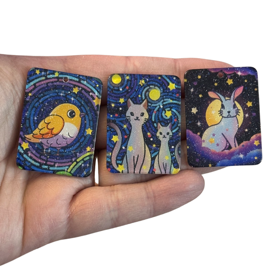 3pcs Bird Cat Rabbit Glitter Galaxy card charms