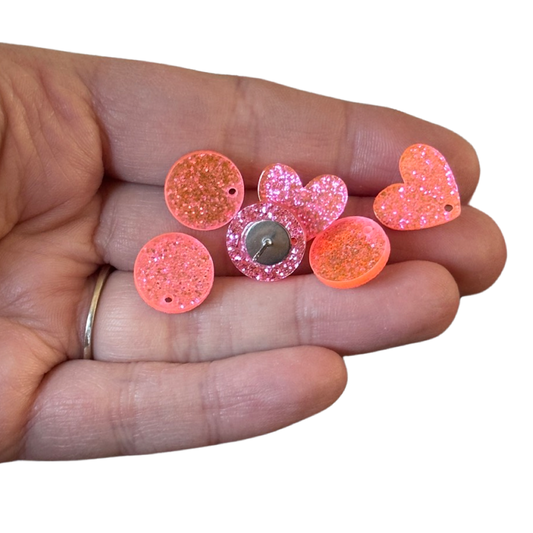 6pcs/3 pairs Neon Glitter pink heart and circle Stud Earrings With Hole