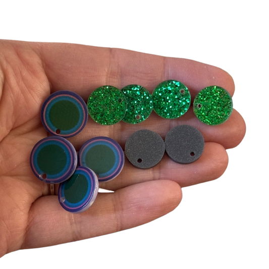 10pcs/5 pairs Glitter green, dark grey & circle Stud Earrings With Hole