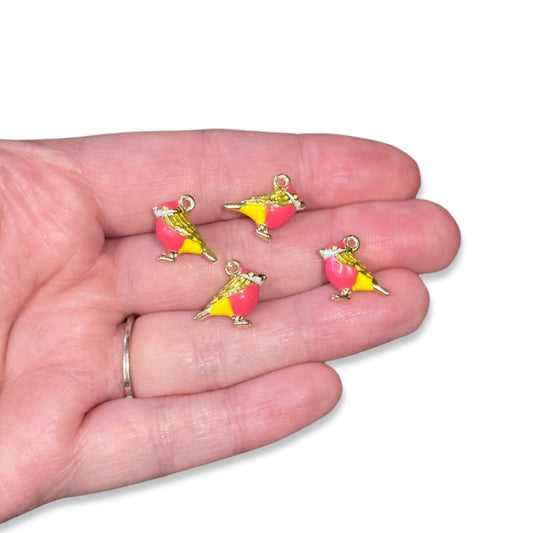 4pcs Small Pink & Yellow Bird Charms