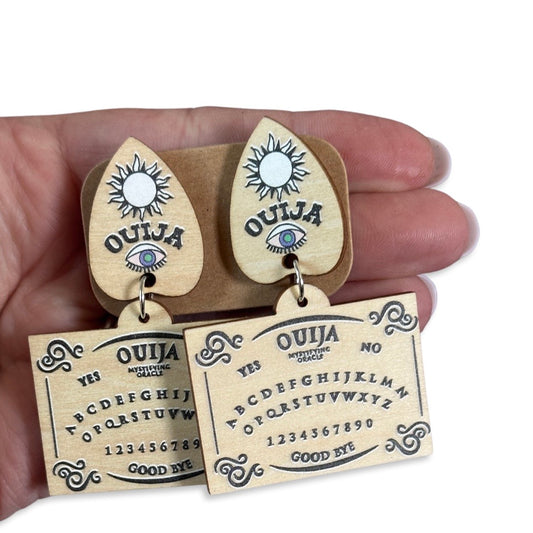 2pcs (1 set) Ouija board & planchette wood charms earrings