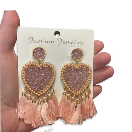 Pink Boho tassel heart earrings