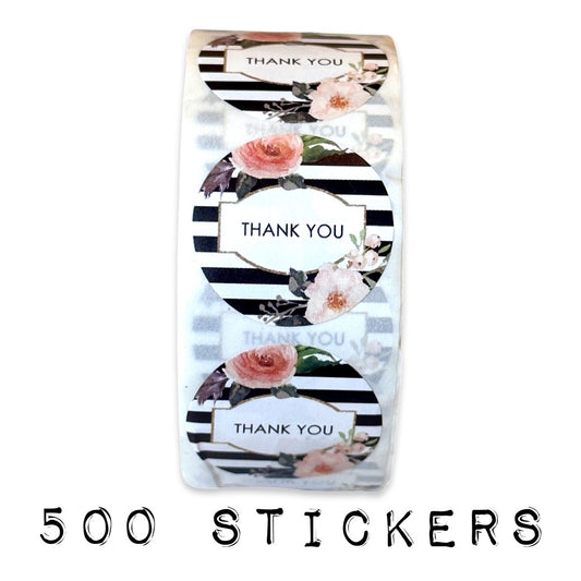 500 "Thank you" Stickers - Black & White Striped with pink flowers